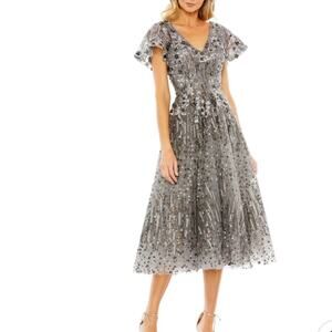 Mac Duggal Embellished Butterfly Fit & Flare Tea-Length Dress Gunmetal Sz 8